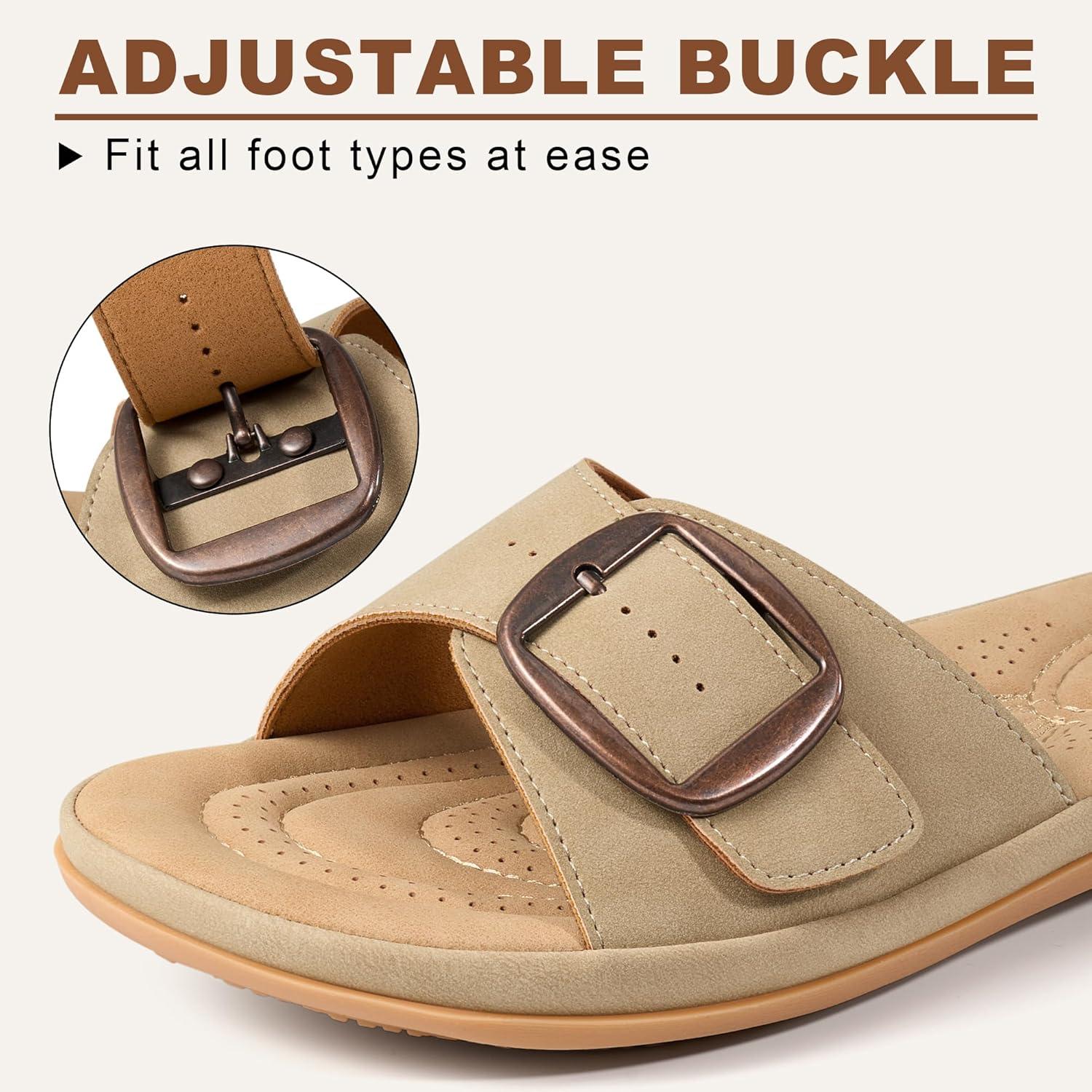 image:imageEcetana Womens Sandals Comfortable Slides 2026 Summer Casual Adjustable Buckle Dressy Slip On Flats for Indoor Outdoor Daily WalkingBeige