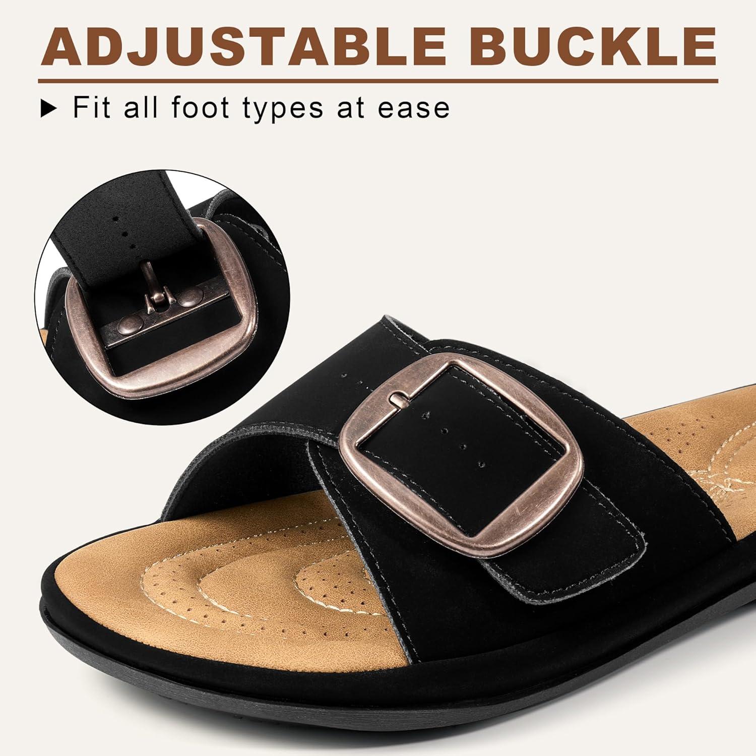 image:imageEcetana Womens Sandals Comfortable Slides 2026 Summer Casual Adjustable Buckle Dressy Slip On Flats for Indoor Outdoor Daily WalkingBlack