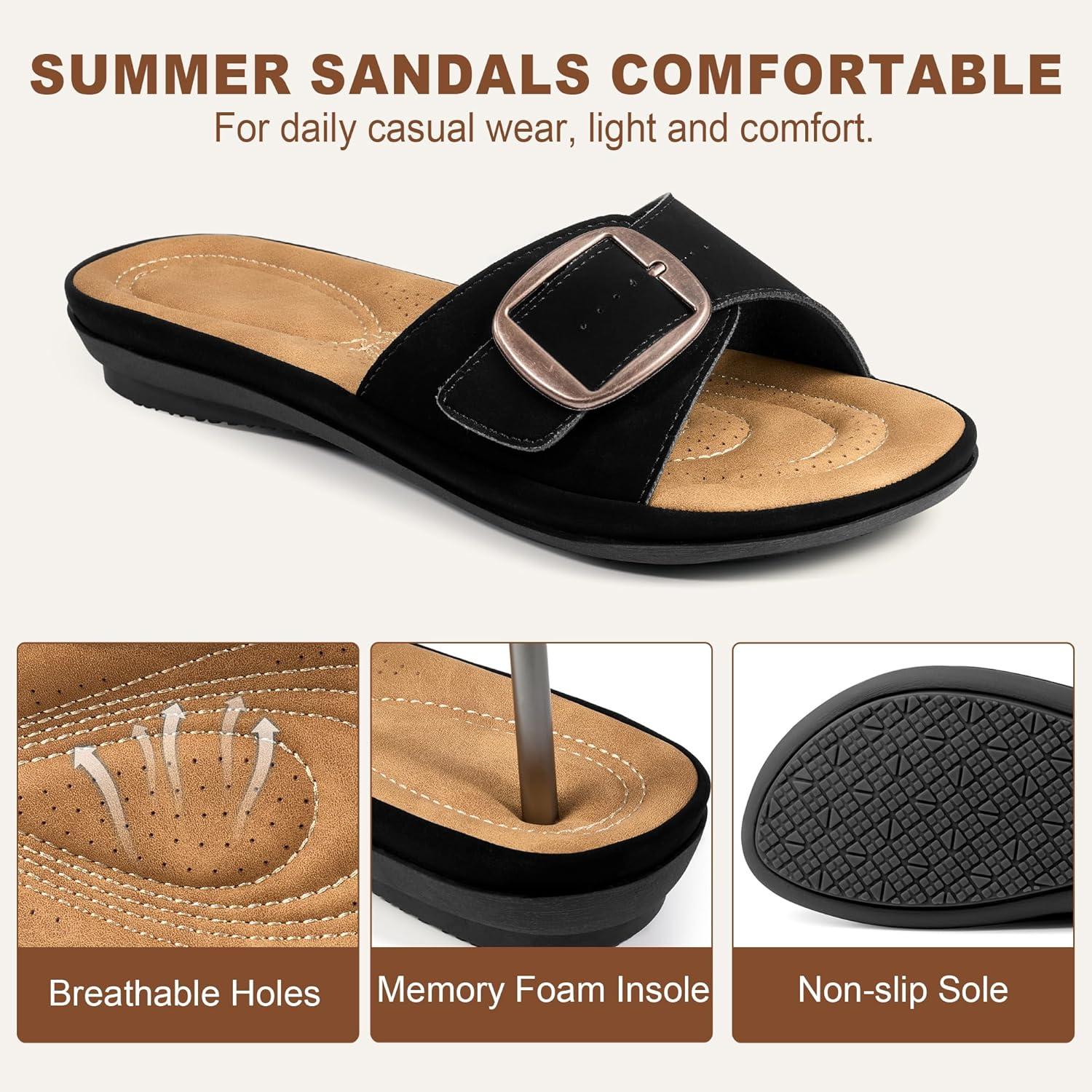 image:imageEcetana Womens Sandals Comfortable Slides 2026 Summer Casual Adjustable Buckle Dressy Slip On Flats for Indoor Outdoor Daily WalkingBlack