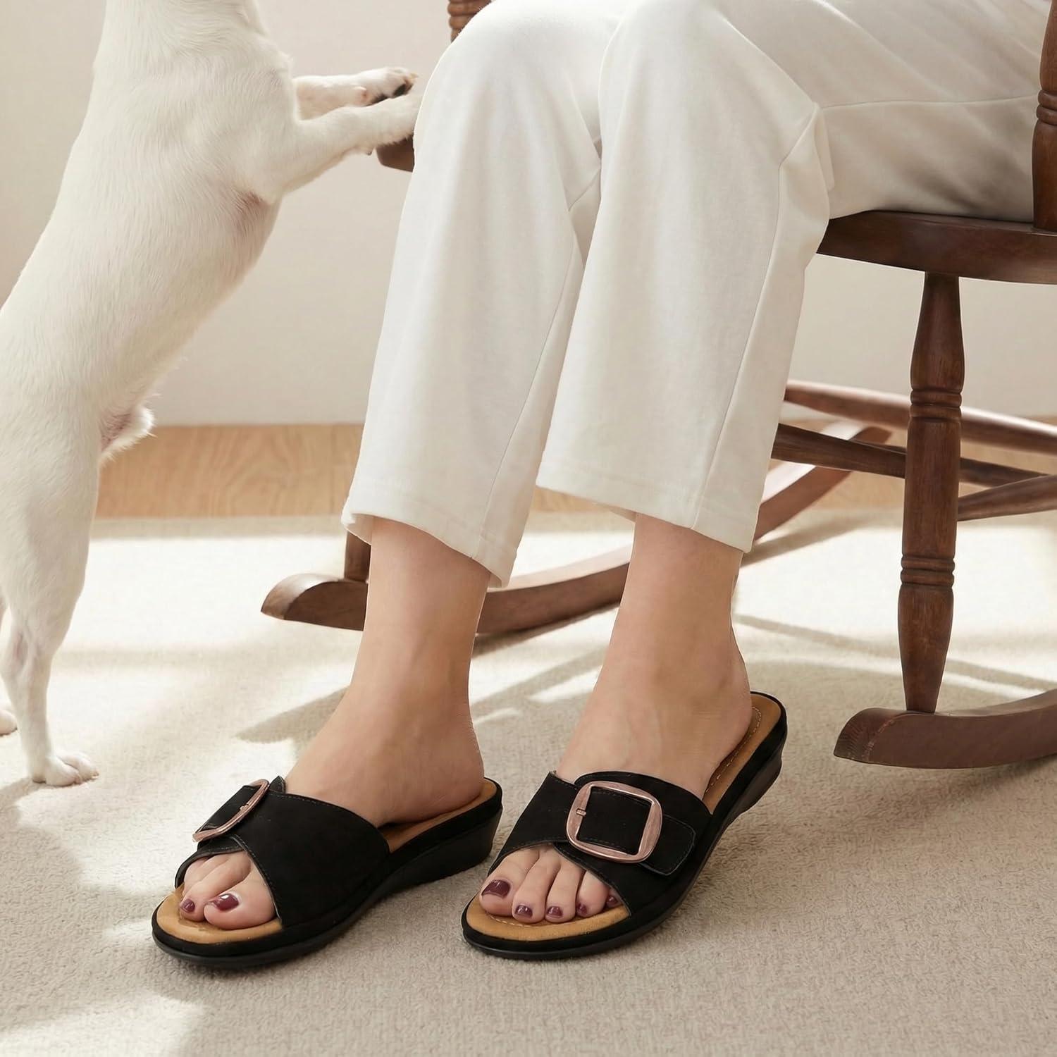 image:imageEcetana Womens Sandals Comfortable Slides 2026 Summer Casual Adjustable Buckle Dressy Slip On Flats for Indoor Outdoor Daily WalkingBlack