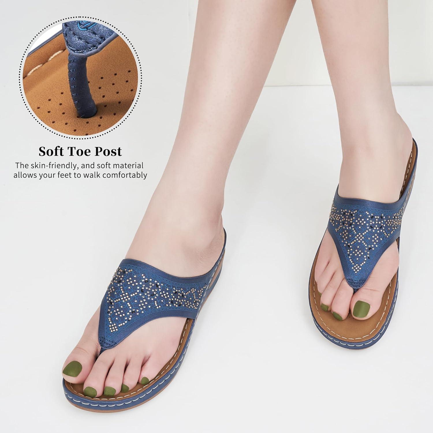 image:imageEcetana Womens Sandals Dressy Wedge Comfortable Summer Flip Flops Non Slip Platform Shoes Ladies Casual Sandals for WomenBlue