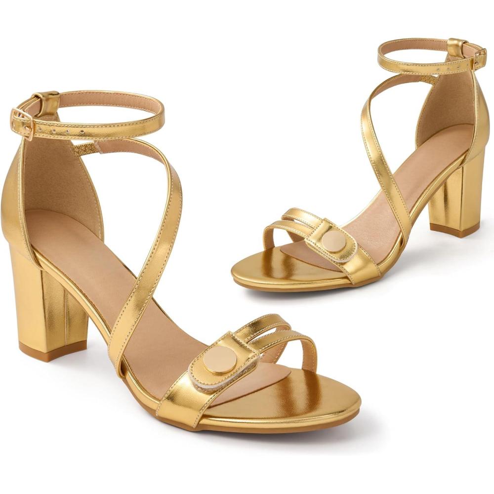 image:imageEcetana Womens Chunky Heel Sandals Open Toe Block Ankle Strap Buckle Comfortable Dressy Pumps Shoes for Wedding Party PromGold