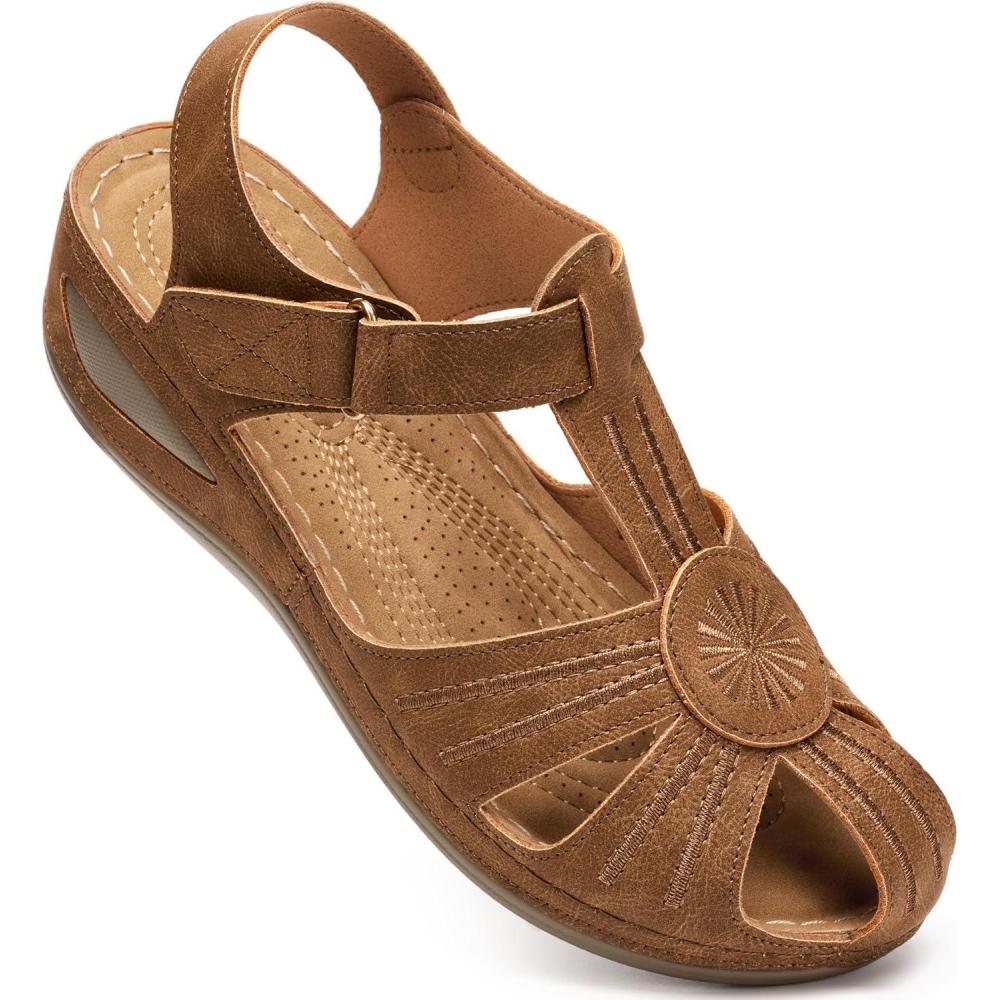 image:imageEcetana Womens Closed Toe Sandals Dressy Wedge Sandals 2026 Comfortable Summer Fisherman Platform Sandals Adjustable Casual Walking ShoesBrown