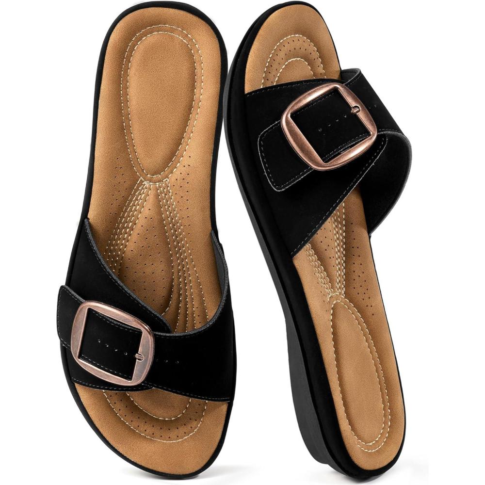 image:imageEcetana Womens Sandals Comfortable Slides 2026 Summer Casual Adjustable Buckle Dressy Slip On Flats for Indoor Outdoor Daily WalkingBlack