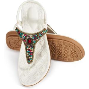 Ecetana Women’s Flats Sandals Dressy Comfortable Beach Summer Sandals 2026 Bohemian Strappy Walking Casual Shoes(White)