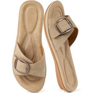 Ecetana Womens Sandals Comfortable Slides 2026 Summer Casual Adjustable Buckle Dressy Slip On Flats for Indoor Outdoor Daily Walking(Beige)