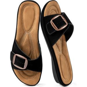 Ecetana Womens Sandals Comfortable Slides 2026 Summer Casual Adjustable Buckle Dressy Slip On Flats for Indoor Outdoor Daily Walking(Black)
