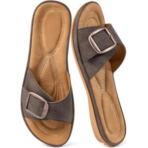 Ecetana Womens Sandals Comfortable Slides 2026 Summer Casual Adjustable Buckle Dressy Slip On Flats for Indoor Outdoor Daily Walking(Coffee)