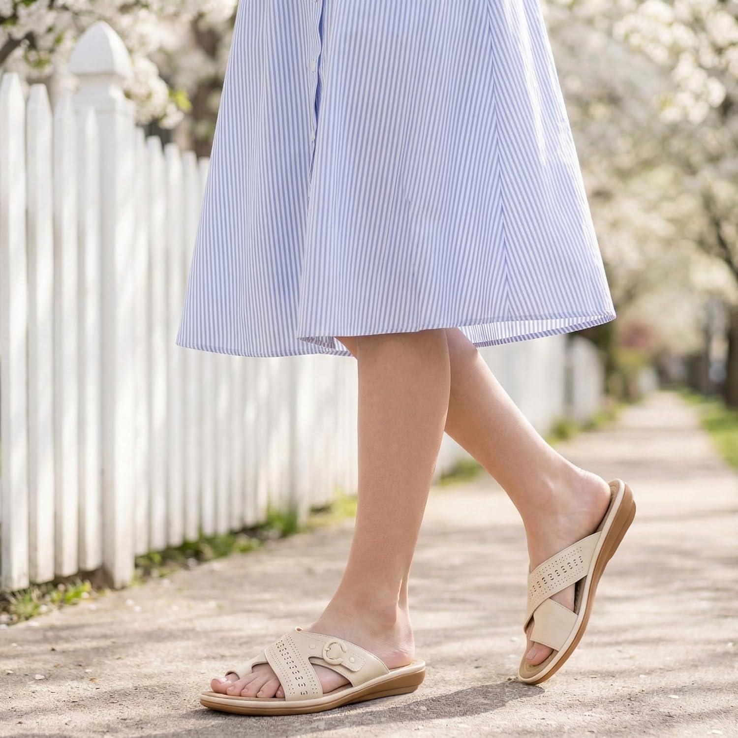 image:imageEcetana Sandals for Women Flat Slides Comfortable Dressy Orthopedic Slip On Summer Sandals 2026 for Ladies Casual WalkingBeige