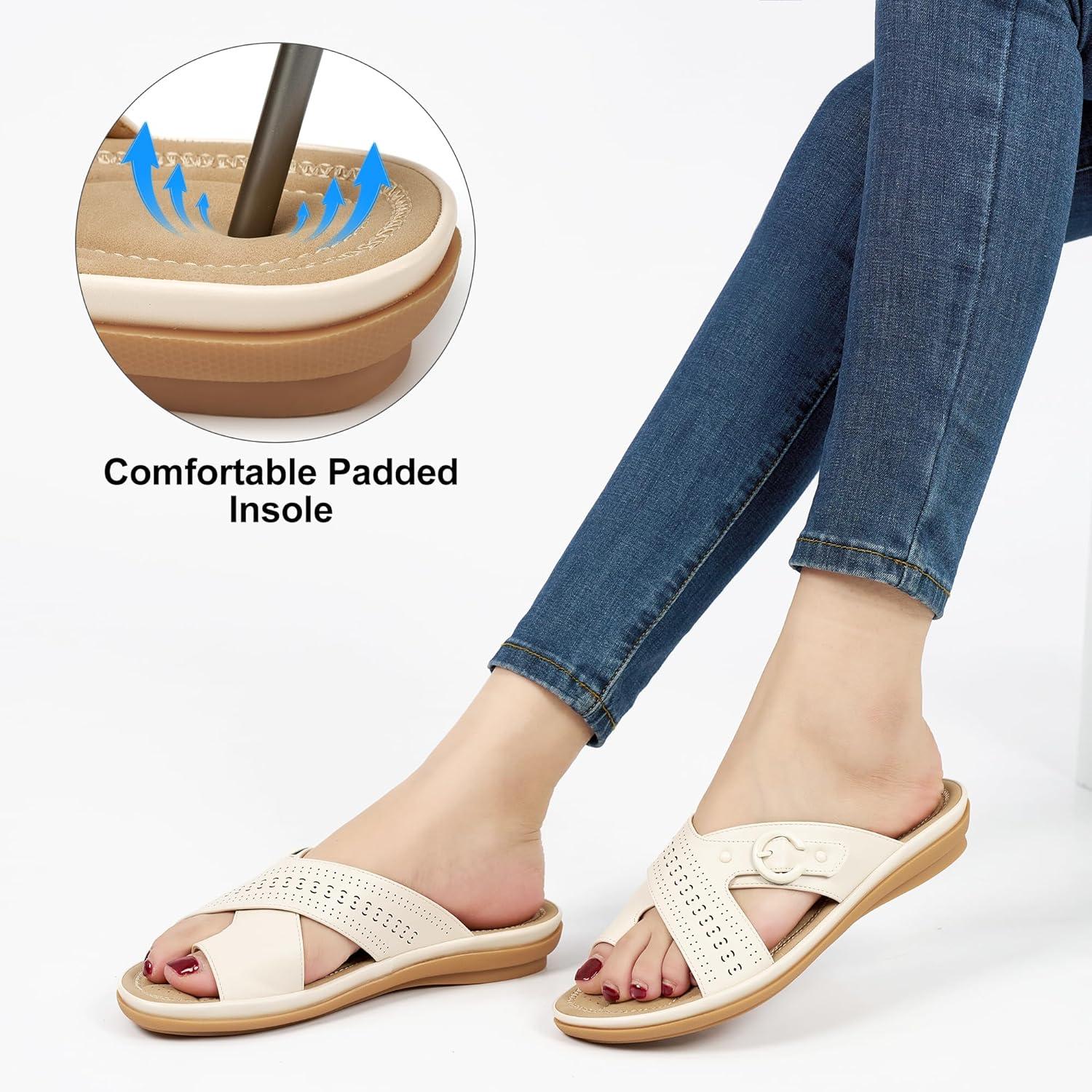 image:imageEcetana Sandals for Women Flat Slides Comfortable Dressy Orthopedic Slip On Summer Sandals 2026 for Ladies Casual WalkingBeige