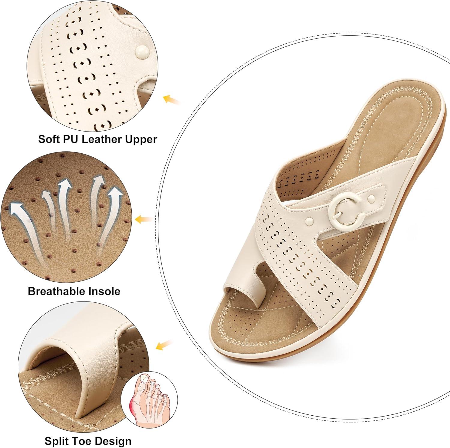 image:imageEcetana Sandals for Women Flat Slides Comfortable Dressy Orthopedic Slip On Summer Sandals 2026 for Ladies Casual WalkingBeige