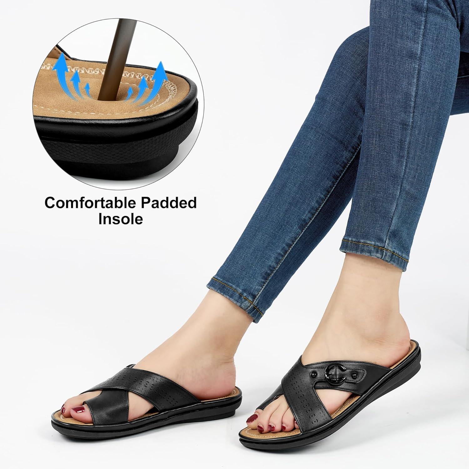 image:imageEcetana Sandals for Women Flat Slides Comfortable Dressy Orthopedic Slip On Summer Sandals 2026 for Ladies Casual WalkingBlack