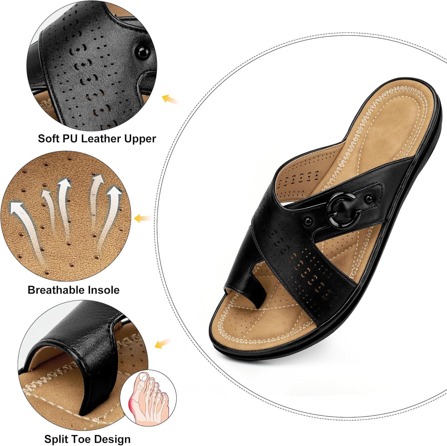 image:imageEcetana Sandals for Women Flat Slides Comfortable Dressy Orthopedic Slip On Summer Sandals 2026 for Ladies Casual WalkingBlack