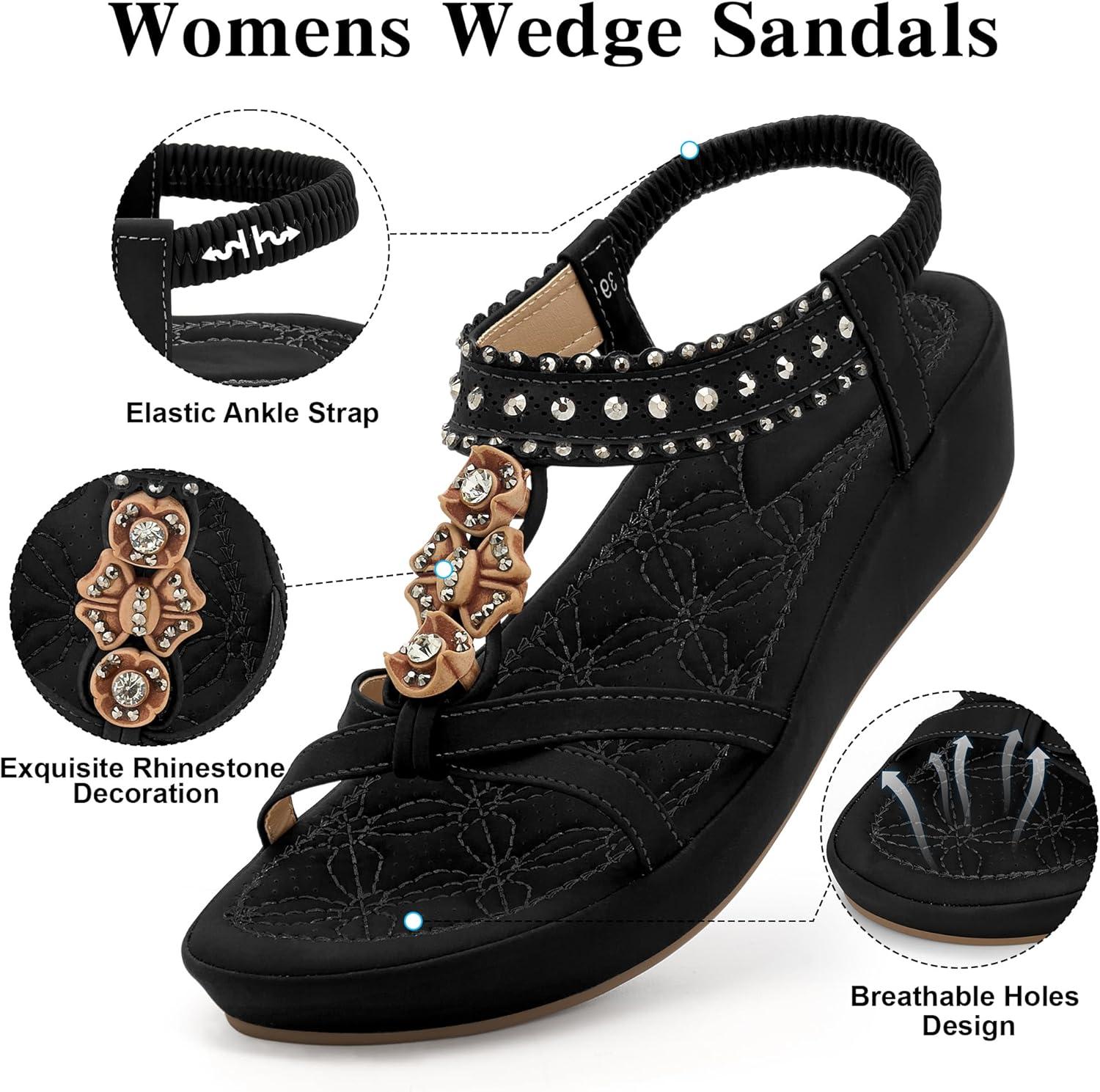 image:imageEcetana Wedge Sandals for Women Dressy Comfortable Low Heel Boho Rhinestone Summer Shoes 2026 for Casual WeddingBlack