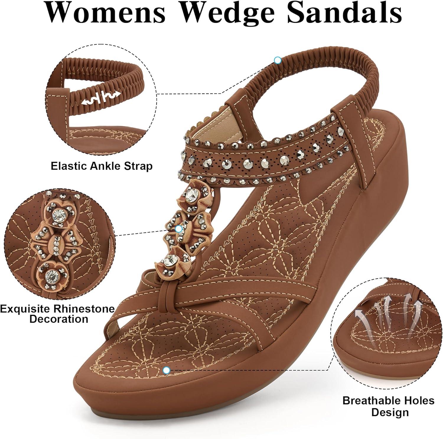 image:imageEcetana Wedge Sandals for Women Dressy Comfortable Low Heel Boho Rhinestone Summer Shoes 2026 for Casual WeddingBrown