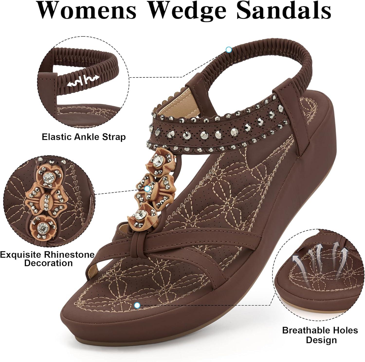 image:imageEcetana Wedge Sandals for Women Dressy Comfortable Low Heel Boho Rhinestone Summer Shoes 2026 for Casual WeddingCoffee