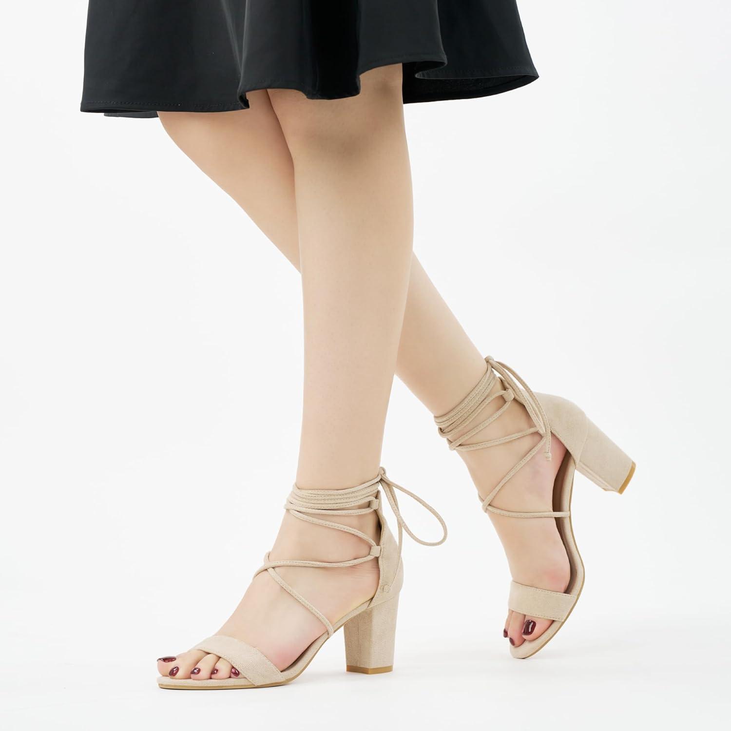 image:imageEcetana Womens Chunky Heeled Sandals Lace Up Gladiator Strappy Block Heels Sexy Open Toe Dress Pump Sandals for Wedding PromApricot