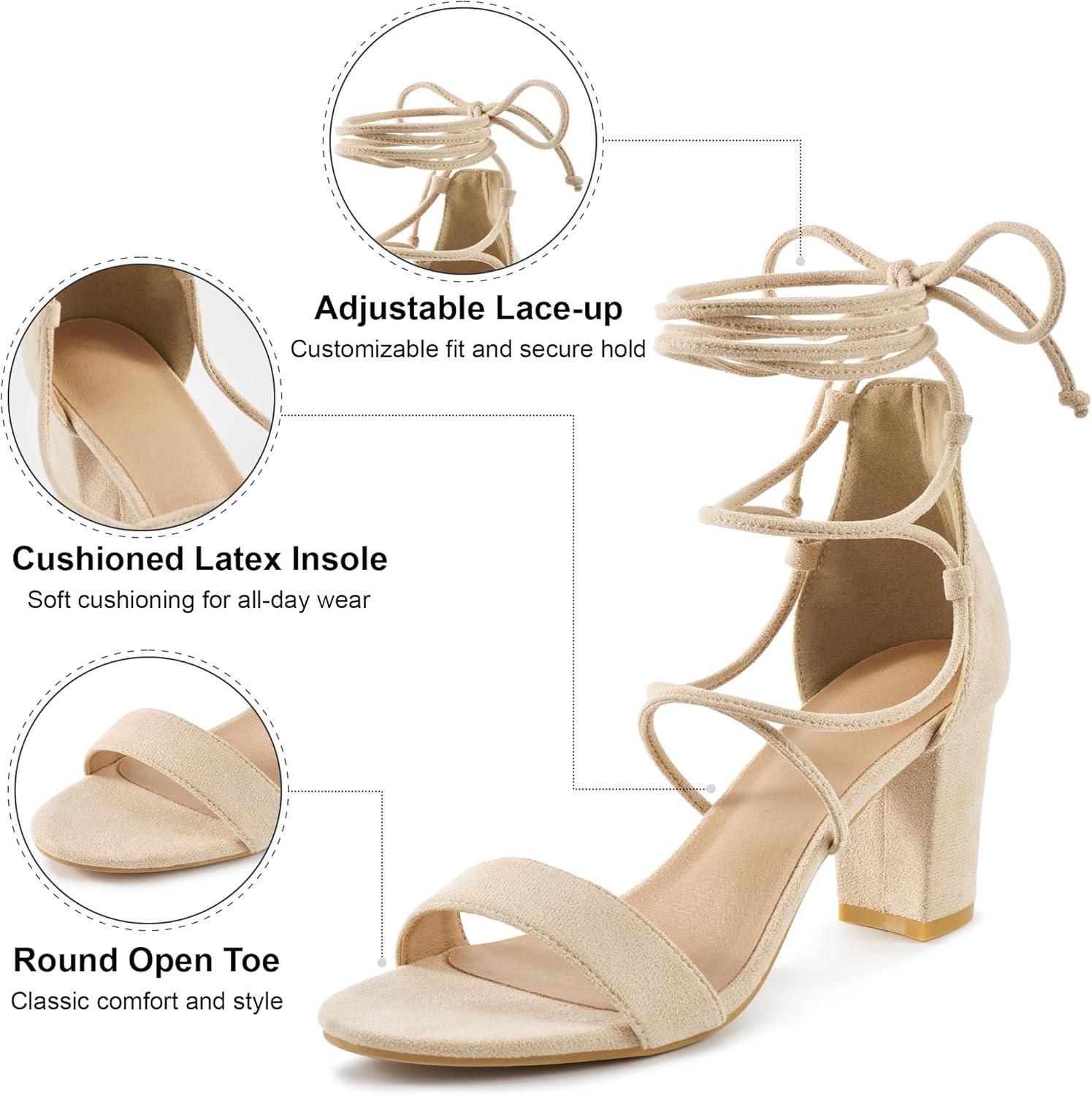 image:imageEcetana Womens Chunky Heeled Sandals Lace Up Gladiator Strappy Block Heels Sexy Open Toe Dress Pump Sandals for Wedding PromApricot