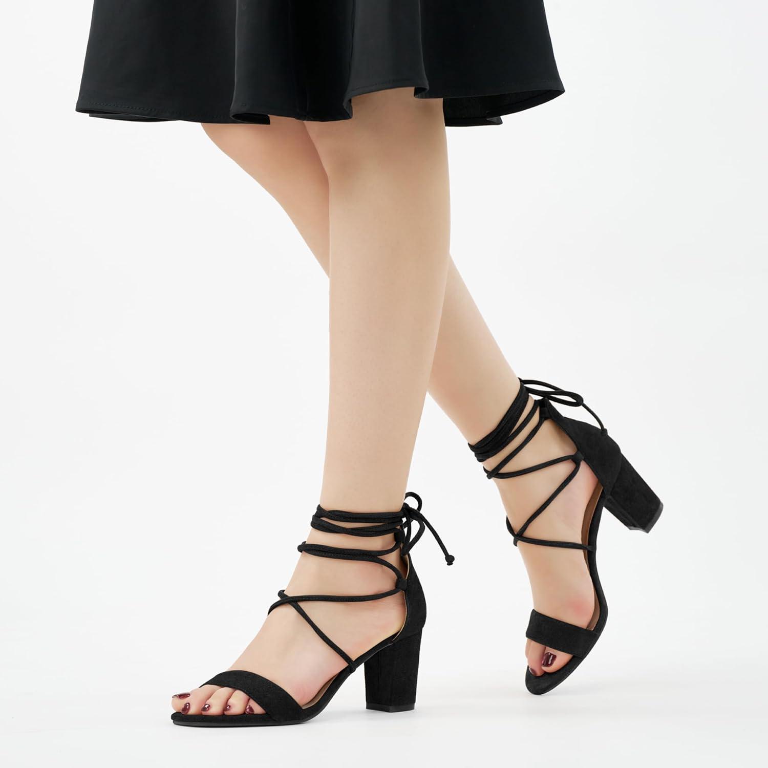 image:imageEcetana Womens Chunky Heeled Sandals Lace Up Gladiator Strappy Block Heels Sexy Open Toe Dress Pump Sandals for Wedding PromBlack