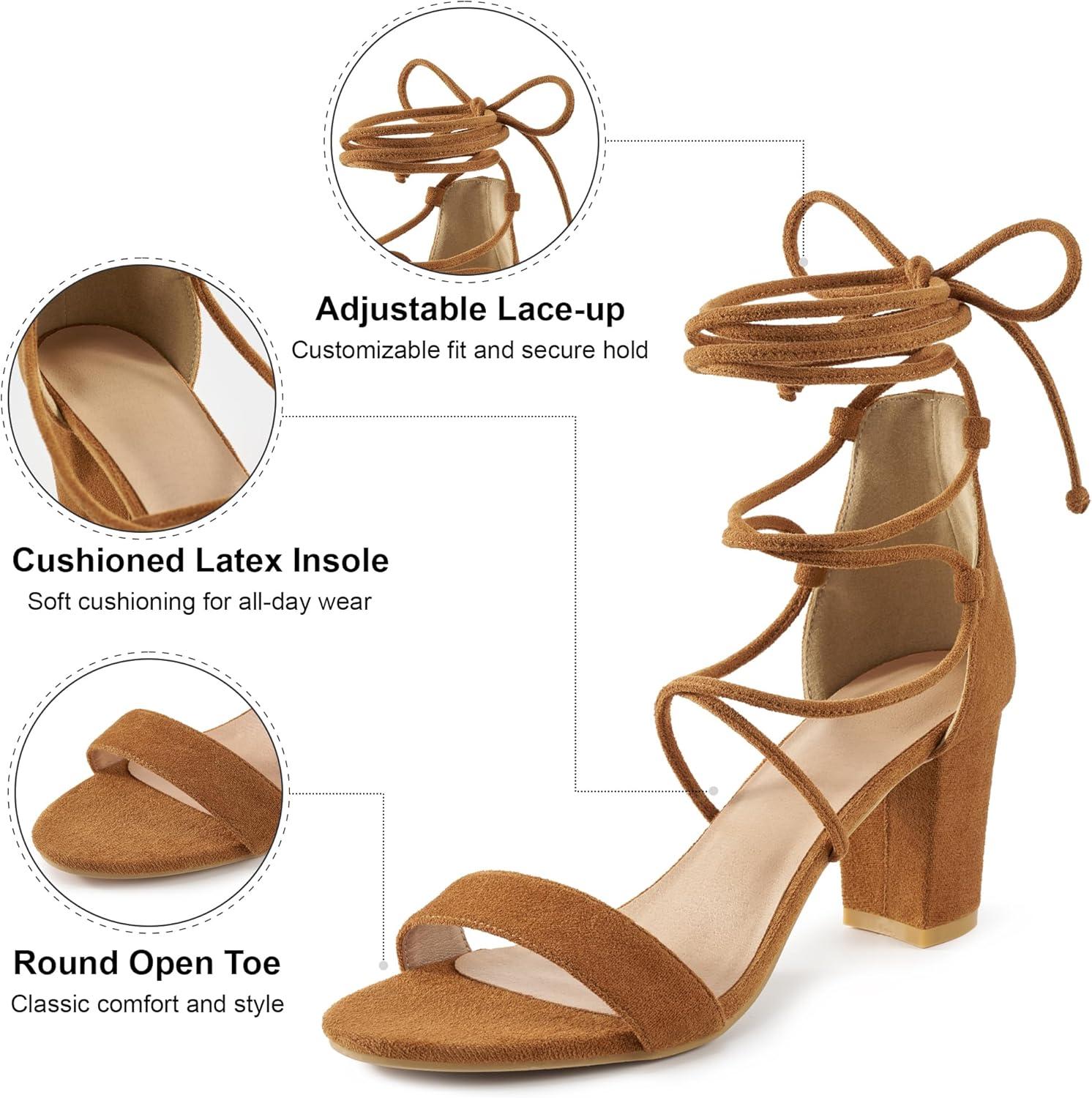 image:imageEcetana Womens Chunky Heeled Sandals Lace Up Gladiator Strappy Block Heels Sexy Open Toe Dress Pump Sandals for Wedding PromBrown