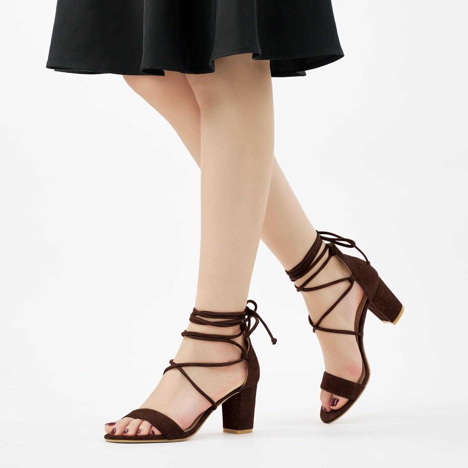 image:imageEcetana Womens Chunky Heeled Sandals Lace Up Gladiator Strappy Block Heels Sexy Open Toe Dress Pump Sandals for Wedding PromCoffee