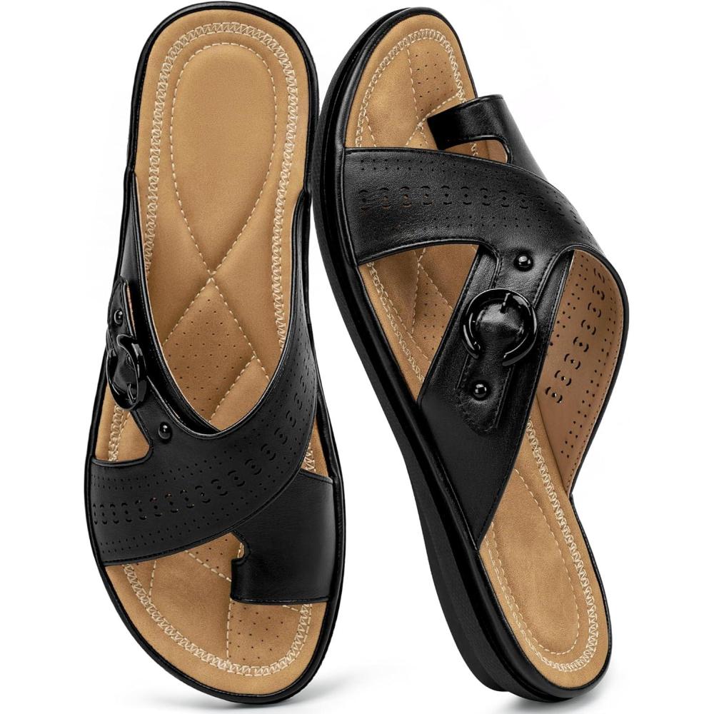 image:imageEcetana Sandals for Women Flat Slides Comfortable Dressy Orthopedic Slip On Summer Sandals 2026 for Ladies Casual WalkingBlack