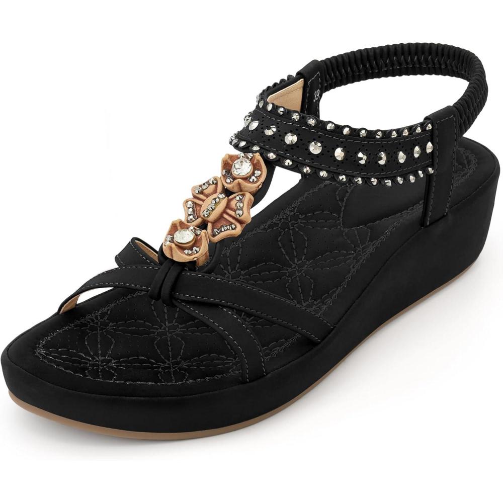 image:imageEcetana Wedge Sandals for Women Dressy Comfortable Low Heel Boho Rhinestone Summer Shoes 2026 for Casual WeddingBlack