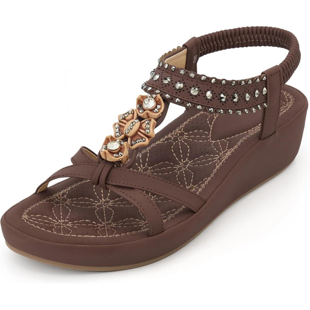 image:imageEcetana Wedge Sandals for Women Dressy Comfortable Low Heel Boho Rhinestone Summer Shoes 2026 for Casual WeddingCoffee