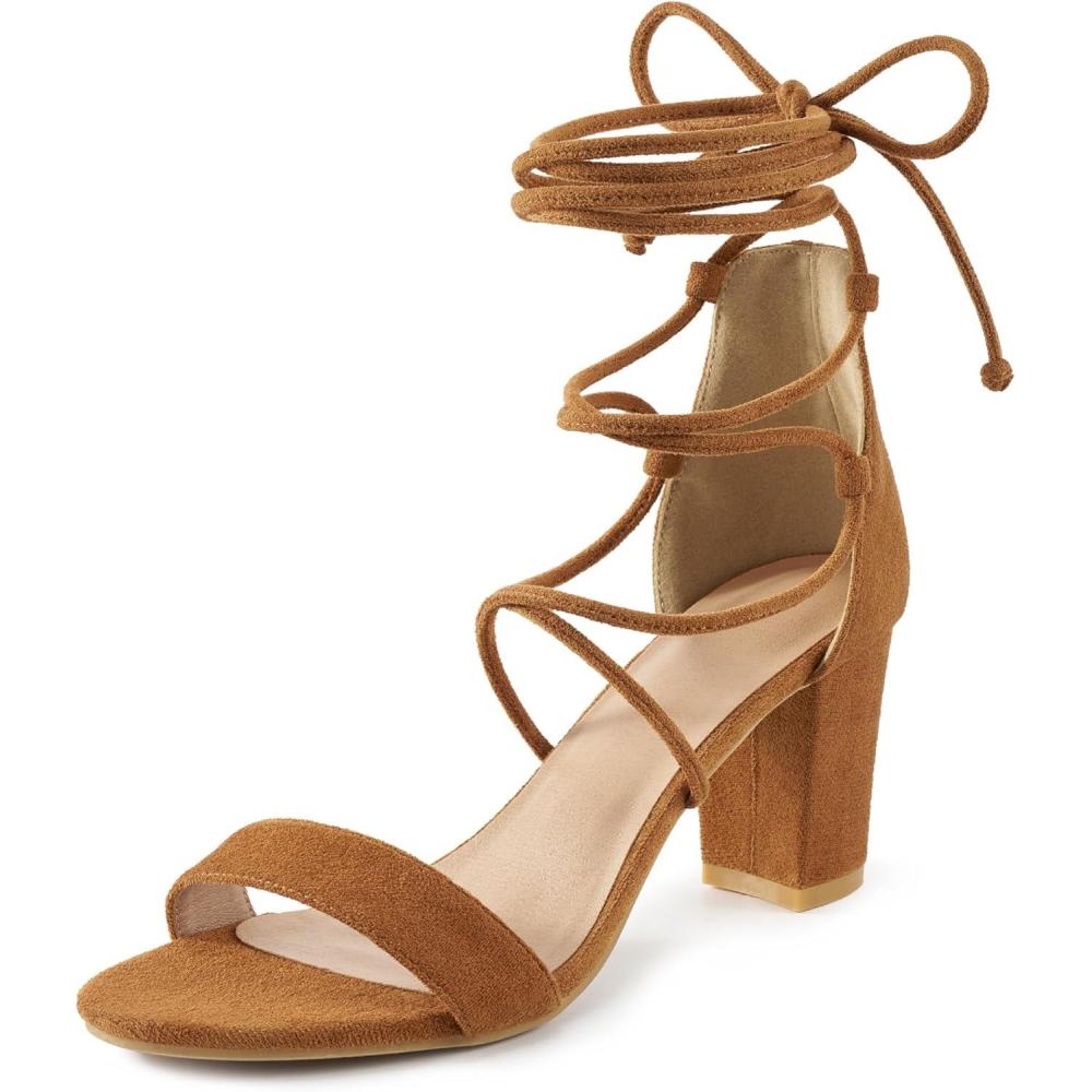 image:imageEcetana Womens Chunky Heeled Sandals Lace Up Gladiator Strappy Block Heels Sexy Open Toe Dress Pump Sandals for Wedding PromBrown