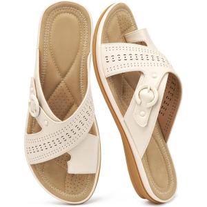 Ecetana Sandals for Women Flat Slides: Comfortable Dressy Orthopedic Slip On Summer Sandals 2026 for Ladies Casual Walking(Beige)