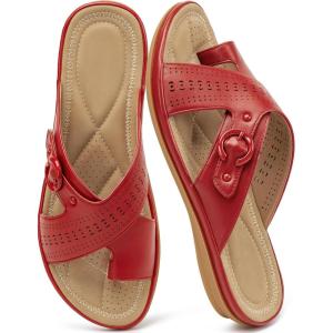 Ecetana Sandals for Women Flat Slides: Comfortable Dressy Orthopedic Slip On Summer Sandals 2026 for Ladies Casual Walking(Red)