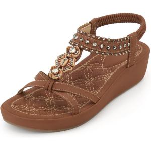 Ecetana Wedge Sandals for Women Dressy Comfortable Low Heel Boho Rhinestone Summer Shoes 2026 for Casual Wedding(Brown)