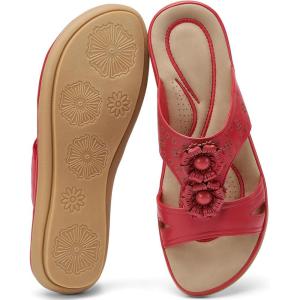 Ecetana Womens Slide Sandals Summer Flats 2026 Comfortable Walking Dressy Slides for Casual Indoor Outdoor(Red)