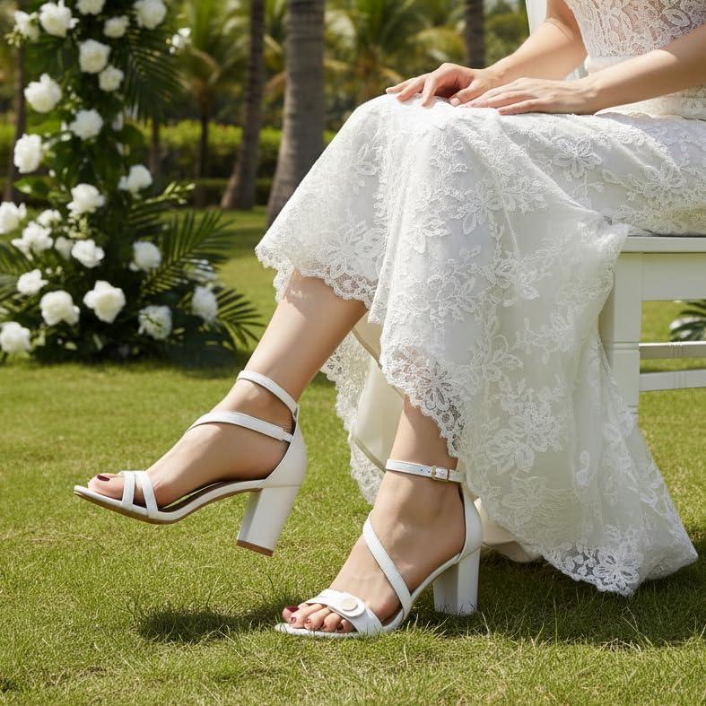 image:imageEcetana Womens Chunky Heel Sandals 3Inch Stable Block Heel with HookandLoop amp Adjustable Ankle Strap Cushioned Insole Dressy Pumps for Wedding Party PromWhite