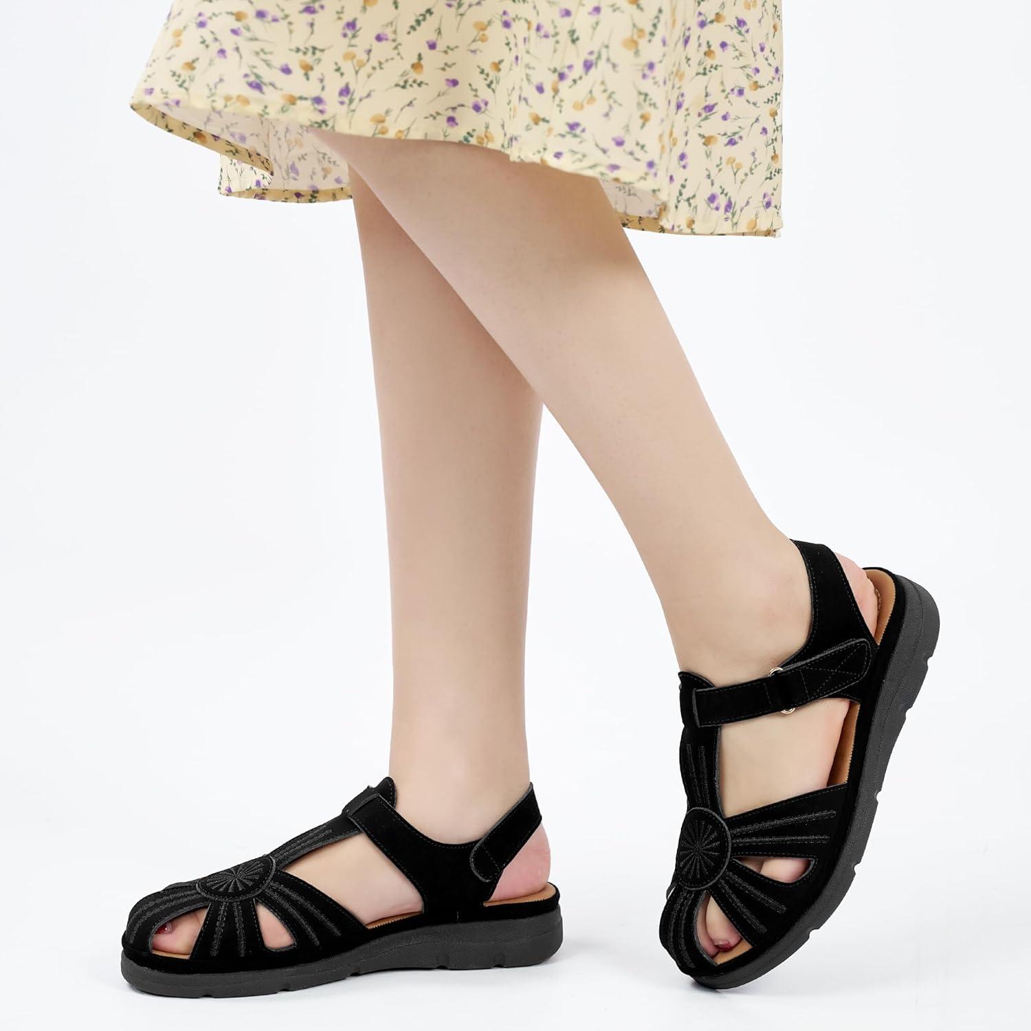 image:imageEcetana Womens Closed Toe Sandals Summer 2026 Dressy Comfortable Flat Sandals Casual Ankle Strap Fisherman Walking SandalsBlack
