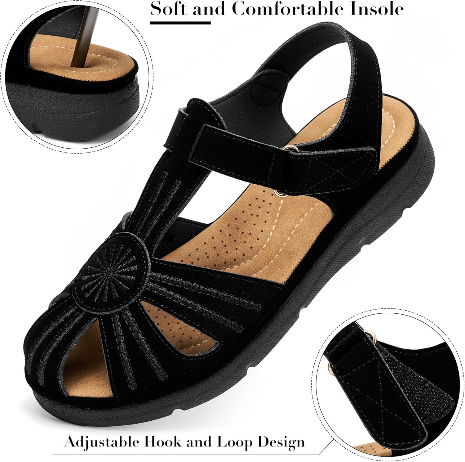 image:imageEcetana Womens Closed Toe Sandals Summer 2026 Dressy Comfortable Flat Sandals Casual Ankle Strap Fisherman Walking SandalsBlack