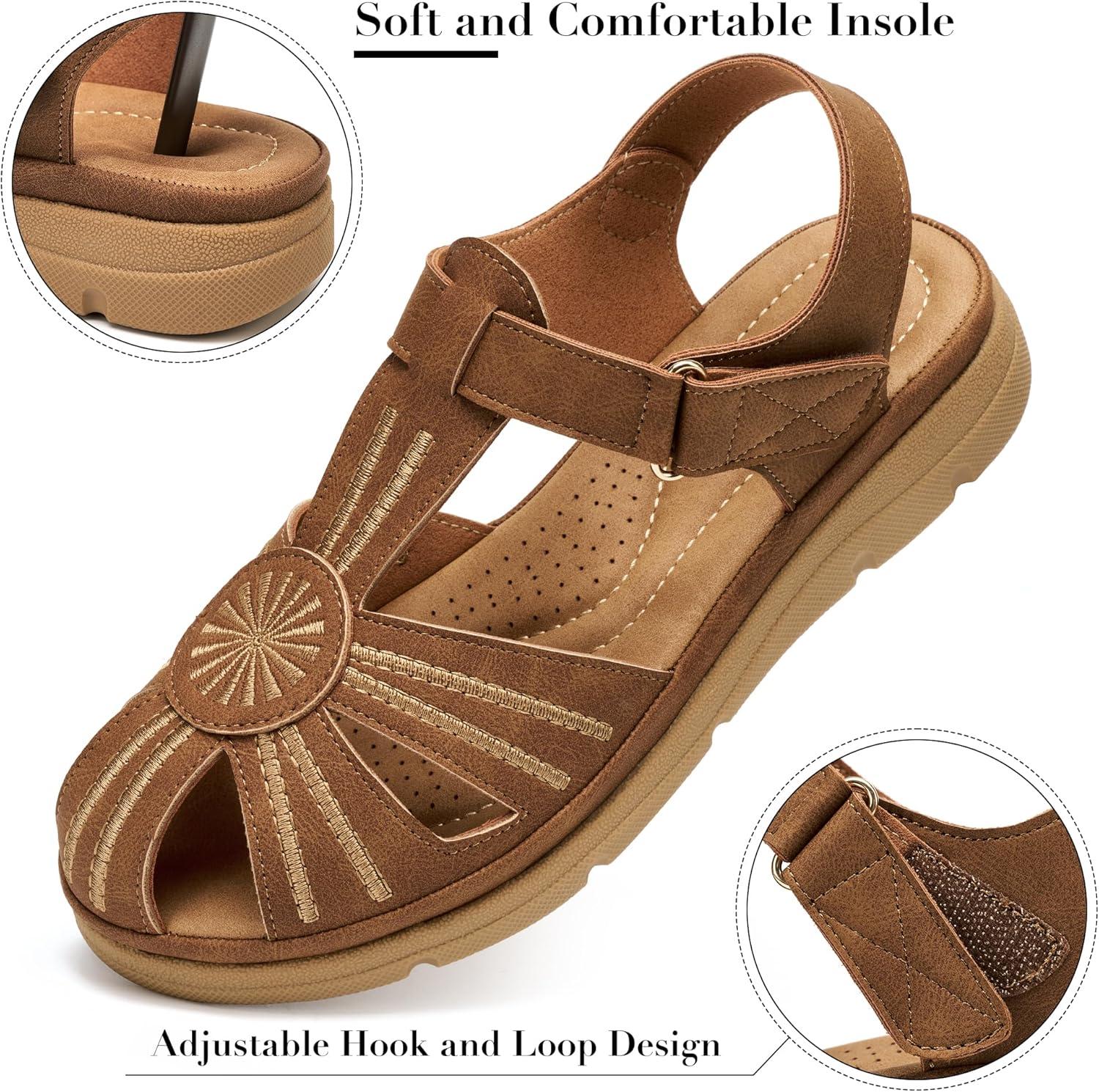 image:imageEcetana Womens Closed Toe Sandals Summer 2026 Dressy Comfortable Flat Sandals Casual Ankle Strap Fisherman Walking SandalsBrown