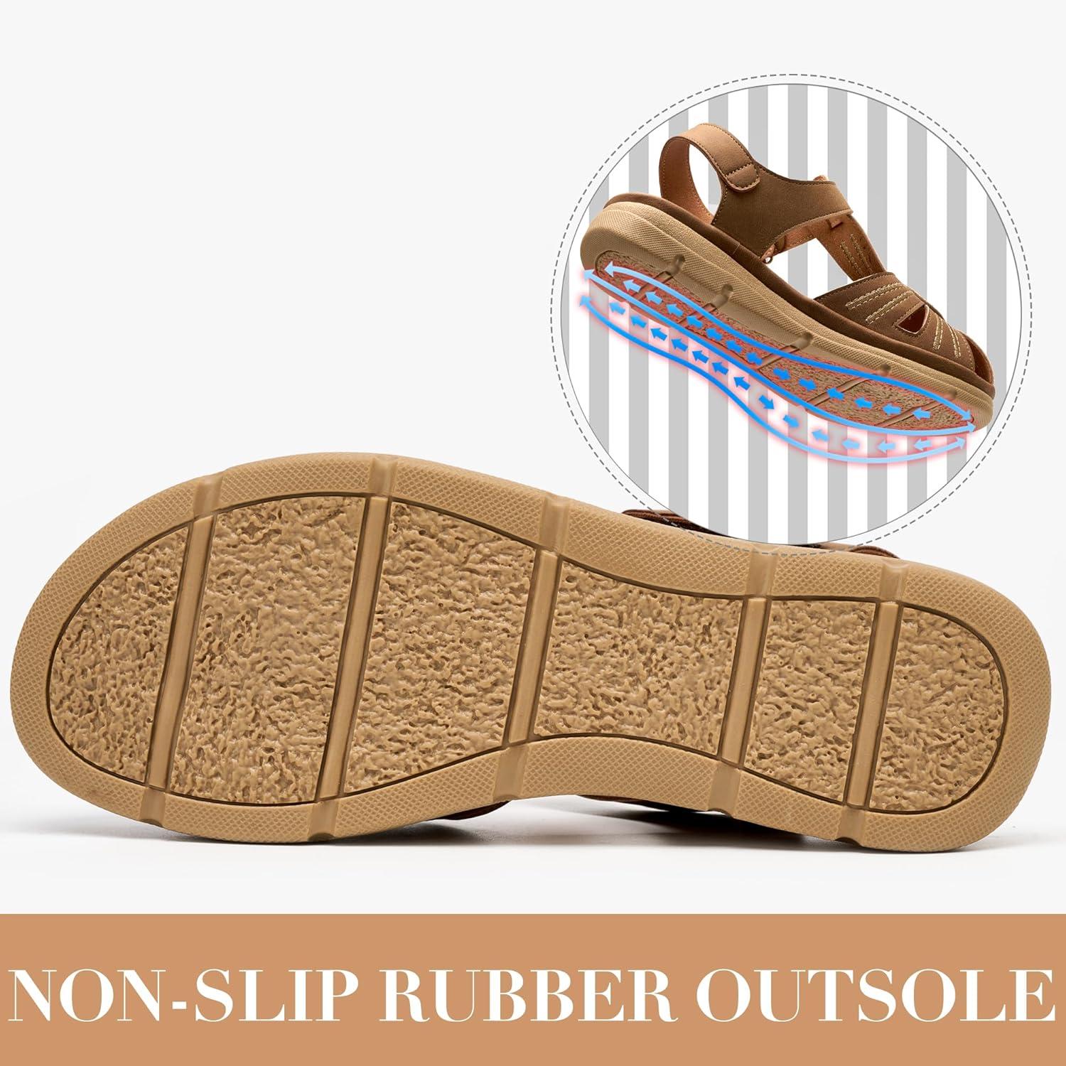 image:imageEcetana Womens Closed Toe Sandals Summer 2026 Dressy Comfortable Flat Sandals Casual Ankle Strap Fisherman Walking SandalsBrown