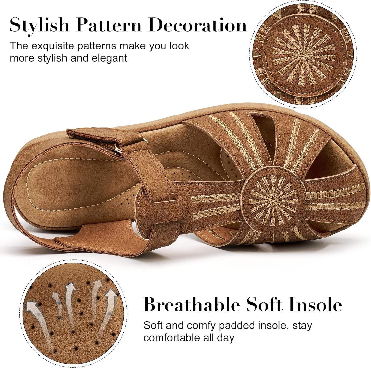 image:imageEcetana Womens Closed Toe Sandals Summer 2026 Dressy Comfortable Flat Sandals Casual Ankle Strap Fisherman Walking SandalsBrown