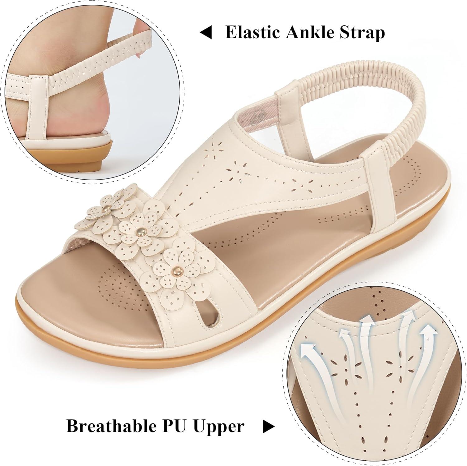 image:imageEcetana Womens Flat Sandals 2026 Comfortable Dressy Summer Sandals with Memory Foam Ankle Strap Casual Walking Shoes for TravelBeige