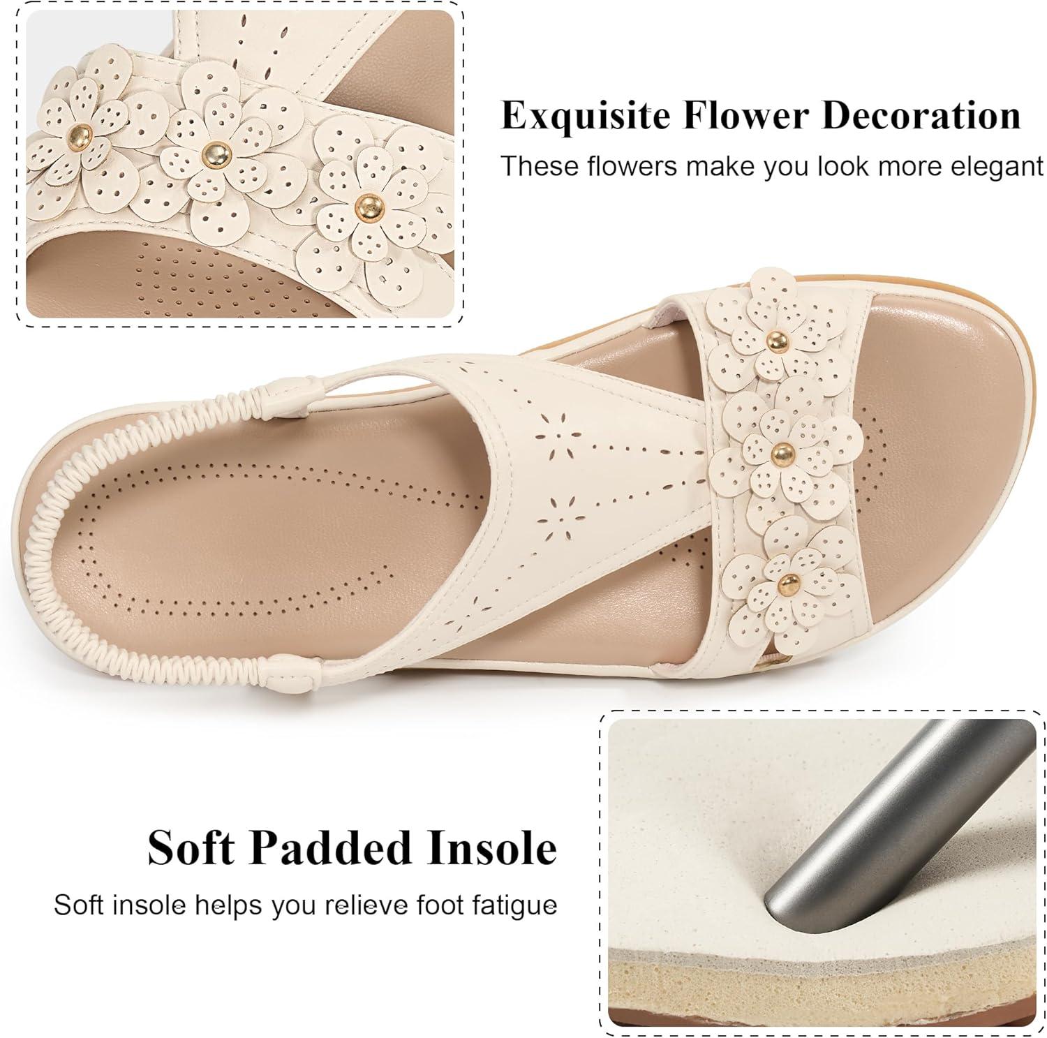 image:imageEcetana Womens Flat Sandals 2026 Comfortable Dressy Summer Sandals with Memory Foam Ankle Strap Casual Walking Shoes for TravelBeige