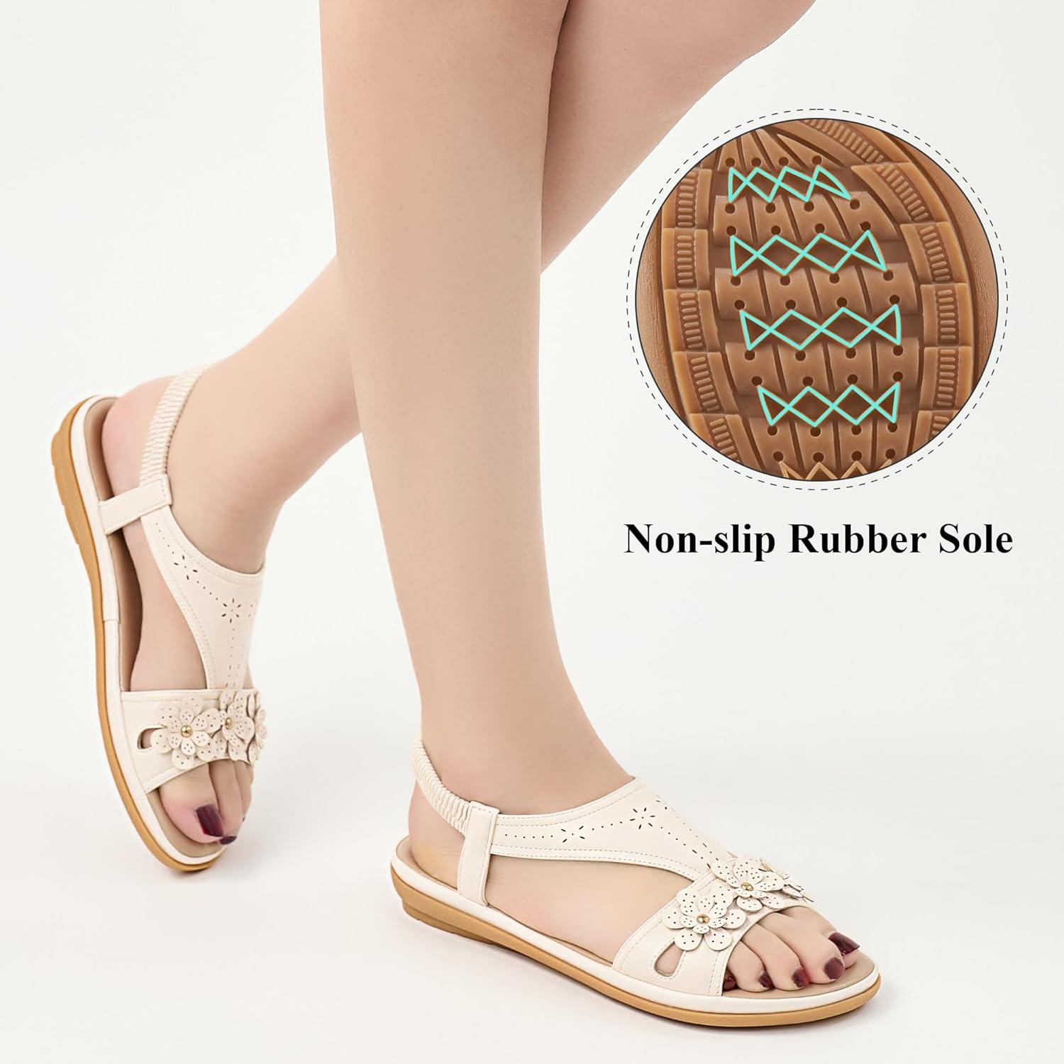 image:imageEcetana Womens Flat Sandals 2026 Comfortable Dressy Summer Sandals with Memory Foam Ankle Strap Casual Walking Shoes for TravelBeige