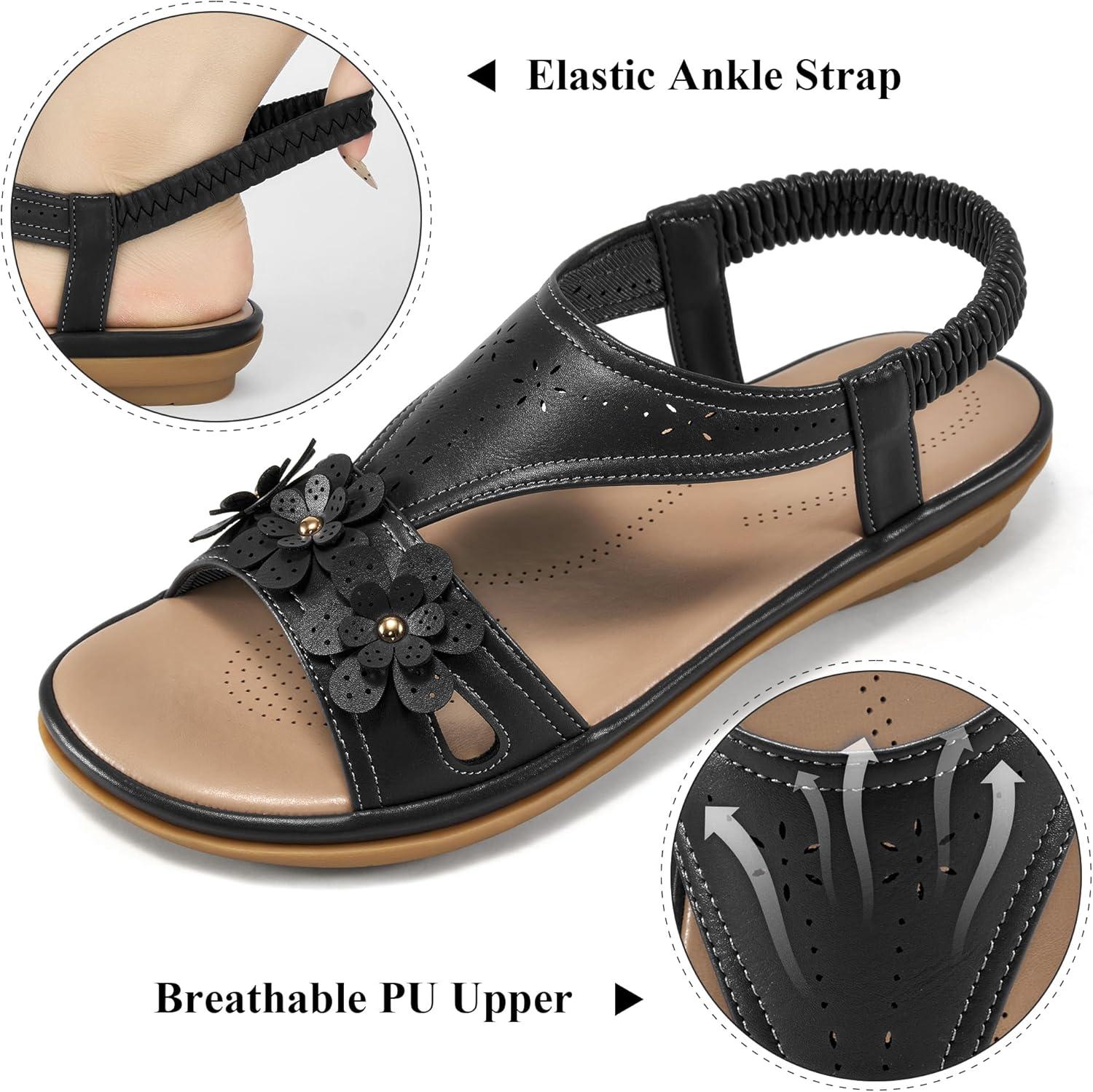 image:imageEcetana Womens Flat Sandals 2026 Comfortable Dressy Summer Sandals with Memory Foam Ankle Strap Casual Walking Shoes for TravelBlack
