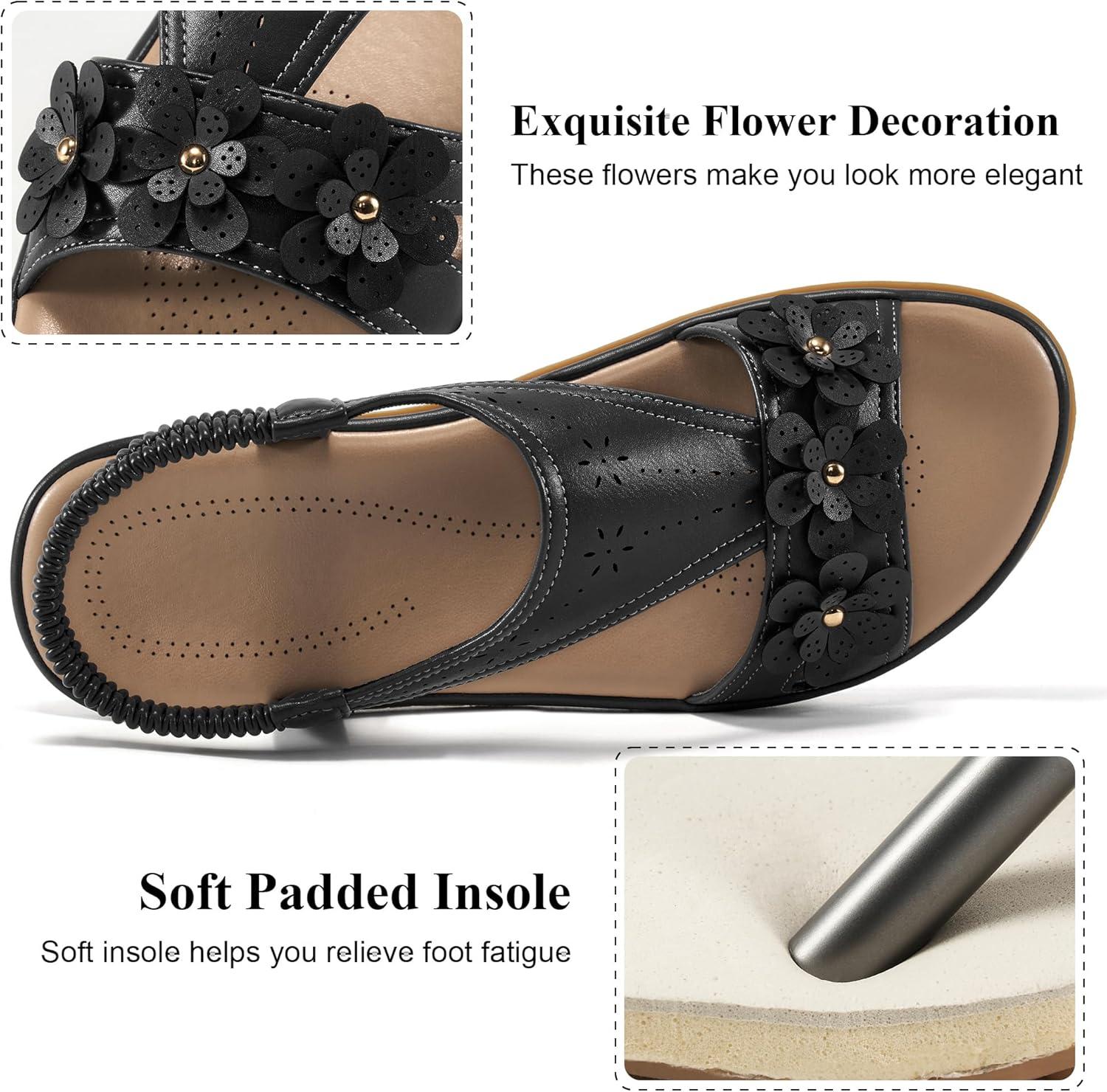image:imageEcetana Womens Flat Sandals 2026 Comfortable Dressy Summer Sandals with Memory Foam Ankle Strap Casual Walking Shoes for TravelBlack