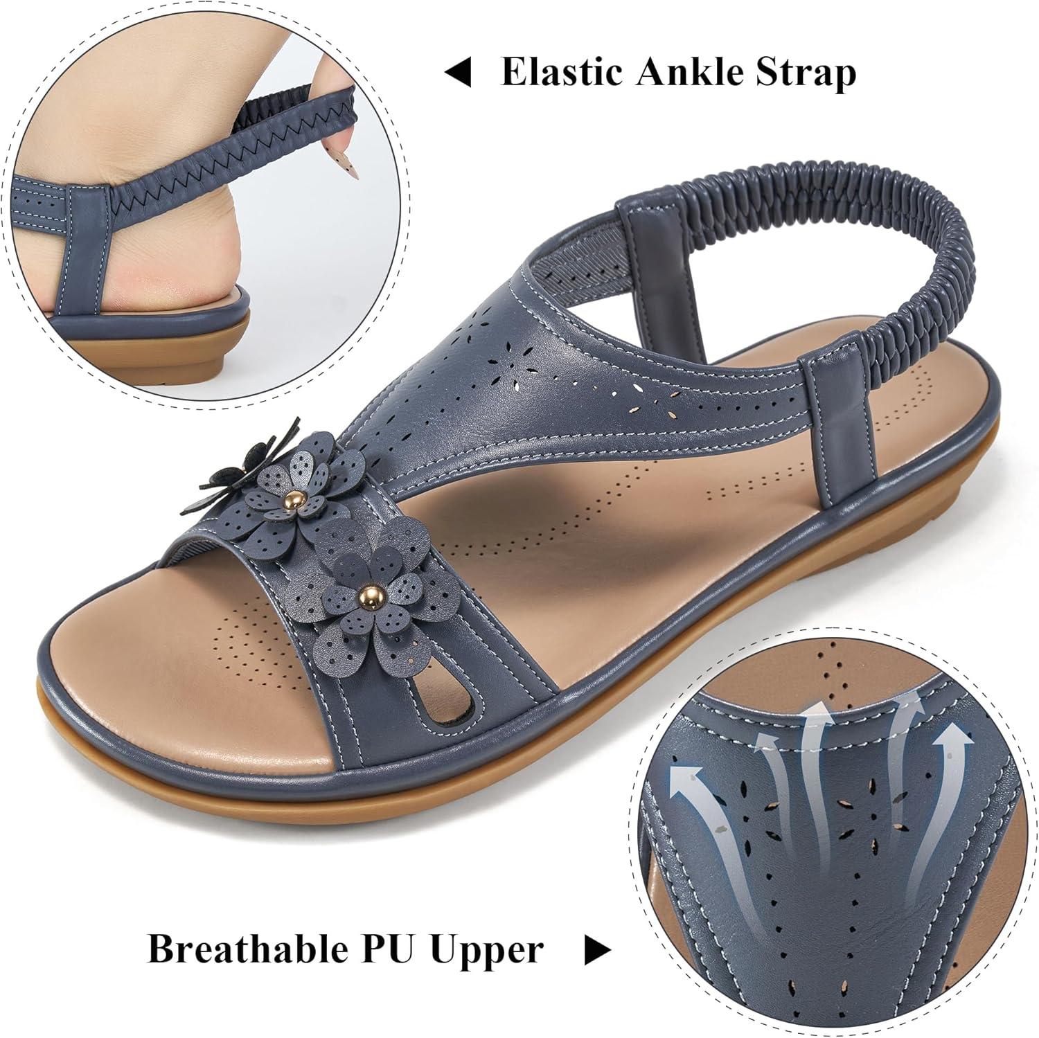 image:imageEcetana Womens Flat Sandals 2026 Comfortable Dressy Summer Sandals with Memory Foam Ankle Strap Casual Walking Shoes for TravelBlue