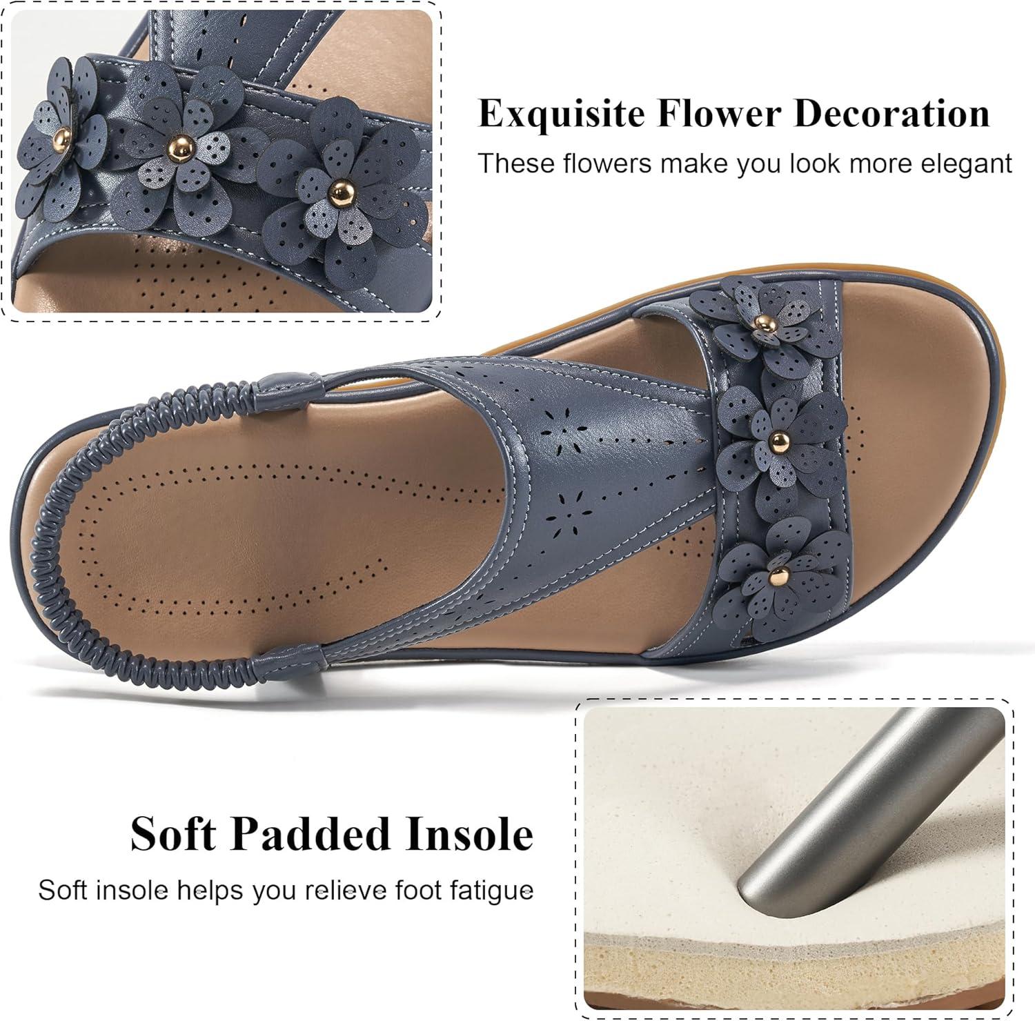 image:imageEcetana Womens Flat Sandals 2026 Comfortable Dressy Summer Sandals with Memory Foam Ankle Strap Casual Walking Shoes for TravelBlue