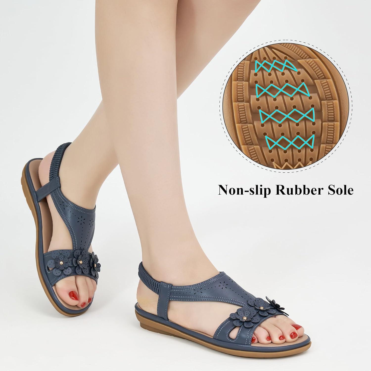 image:imageEcetana Womens Flat Sandals 2026 Comfortable Dressy Summer Sandals with Memory Foam Ankle Strap Casual Walking Shoes for TravelBlue