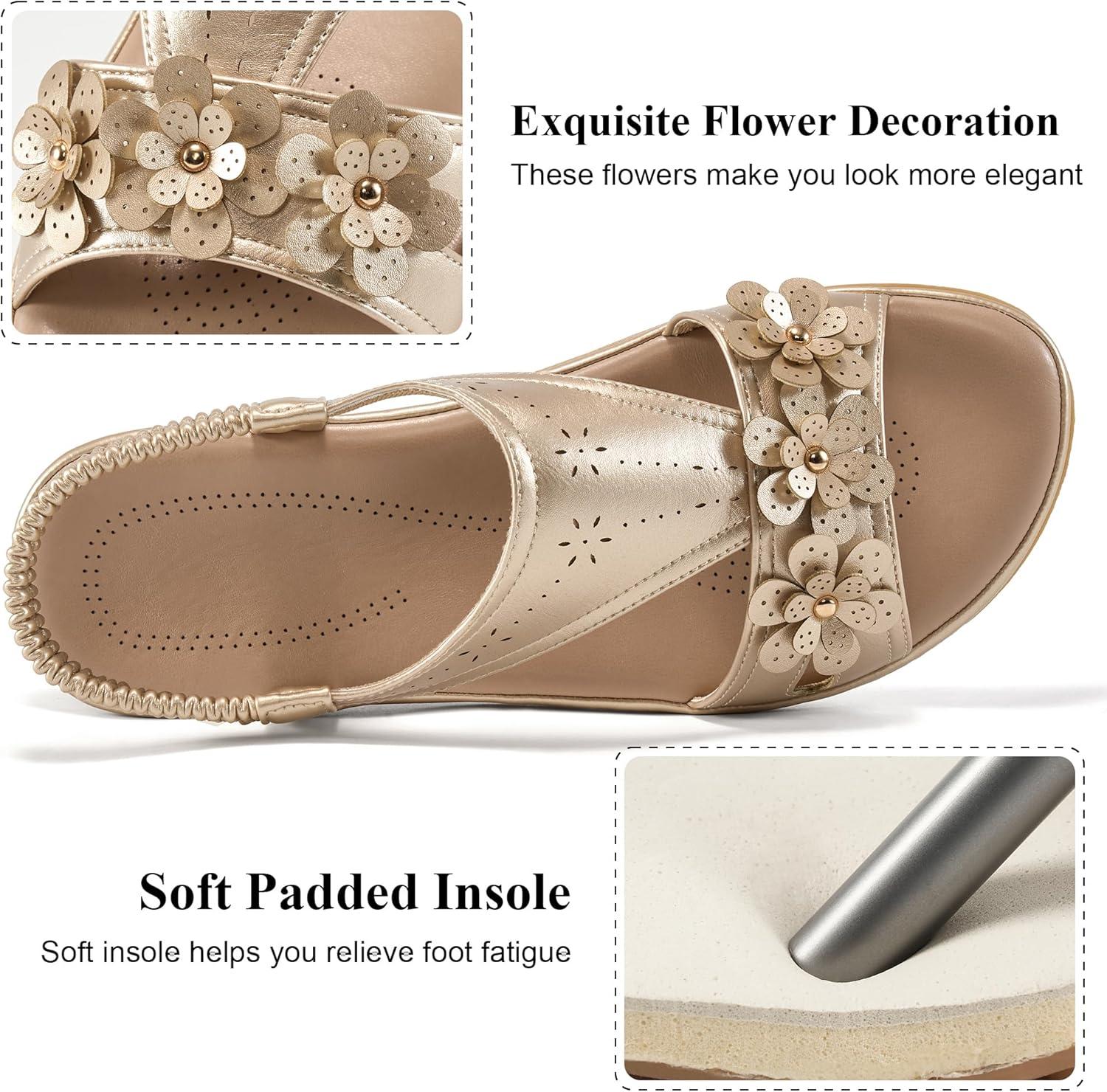 image:imageEcetana Womens Flat Sandals 2026 Comfortable Dressy Summer Sandals with Memory Foam Ankle Strap Casual Walking Shoes for TravelGold