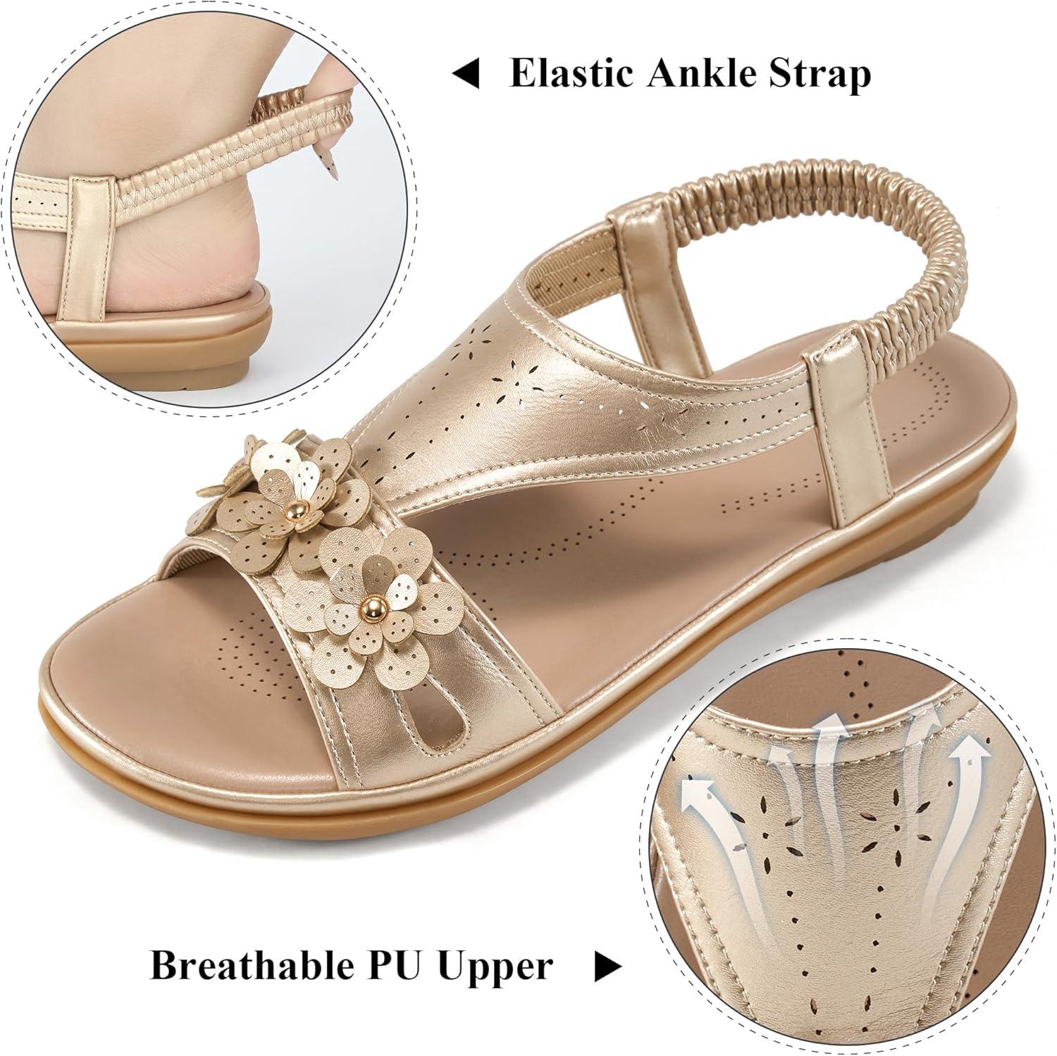 image:imageEcetana Womens Flat Sandals 2026 Comfortable Dressy Summer Sandals with Memory Foam Ankle Strap Casual Walking Shoes for TravelGold