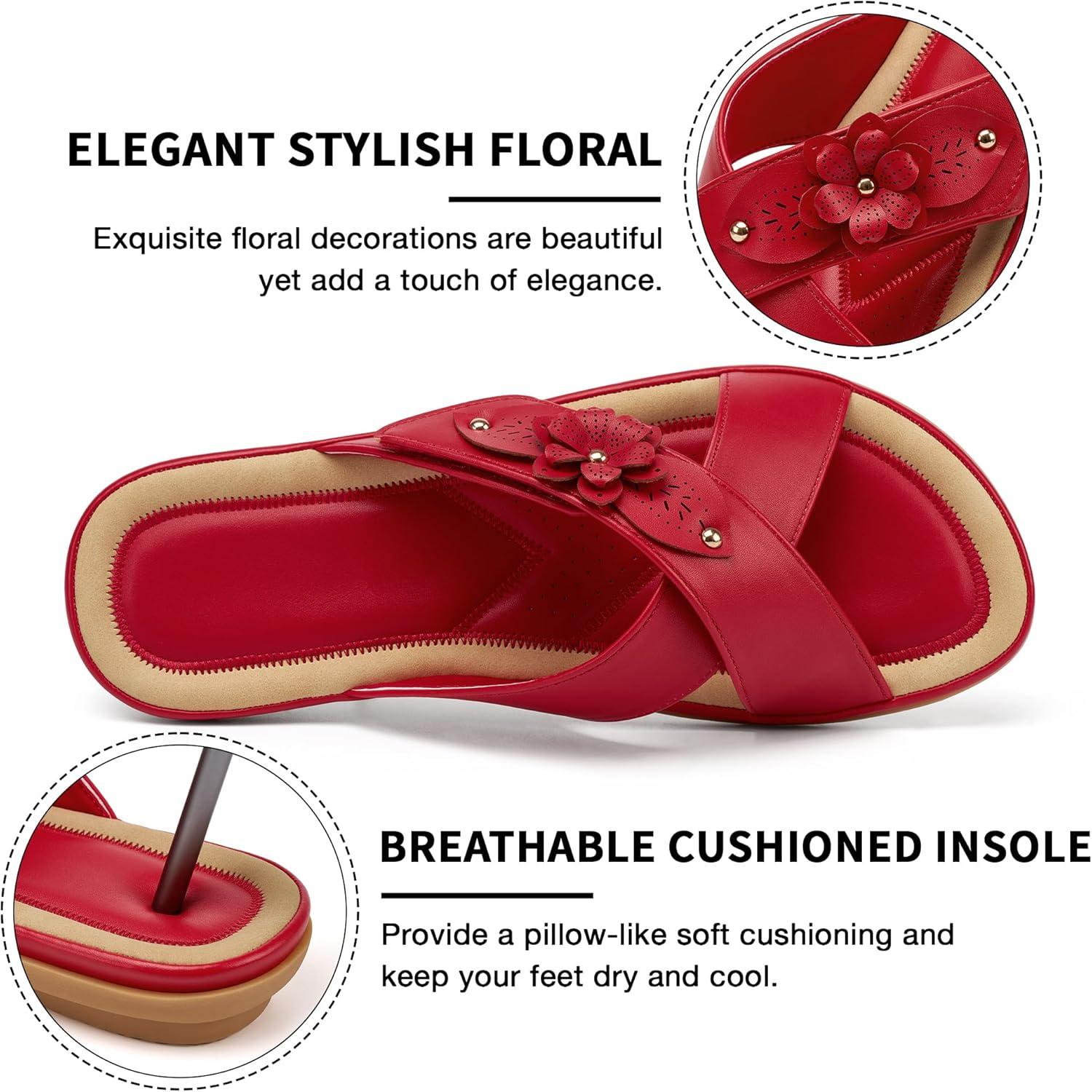 image:imageEcetana Womens Flat Sandals Summer Slides 2026 Dressy Comfortable Walking Slide Sandals for Casual Indoor OutdoorRed